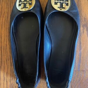 Tory Burch Black Flats with Gold Emblem